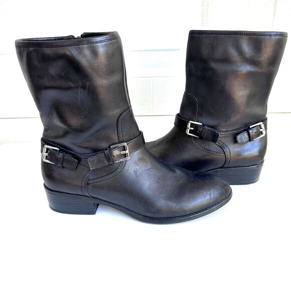 Lauren Ralph Lauren Moto Boots Women's 8.5B Mesi Black Leather Buckle Zip - Picture 1 of 12